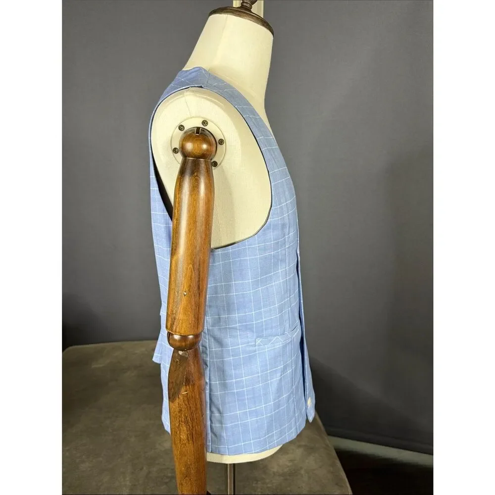 Men’s Light Blue Windowpane Double-Breasted Vest V-Neck Size 36 NWOT